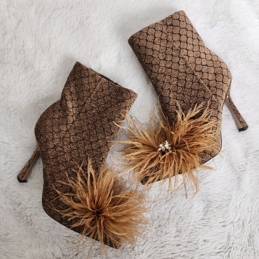Sam Edelman Ency Feathered Ankle Booties Rhinestone Pointed Toe Brown Heeled 6.5
